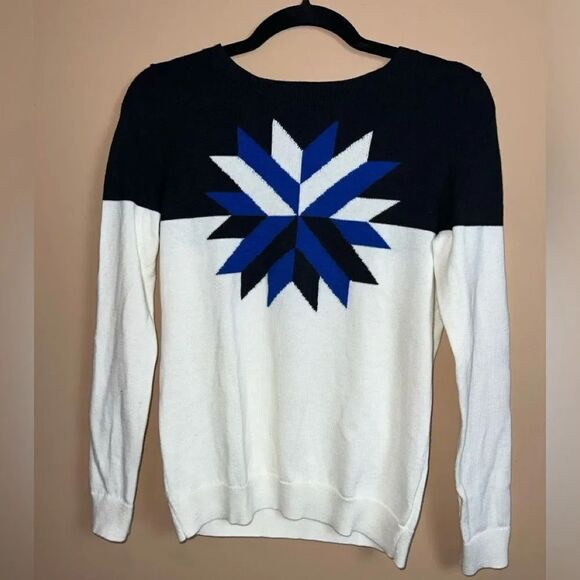 Talbots Merino Wool White & Navy Snowflake Crewneck Sweater Size SP New W/O Tags - Picture 1 of 5